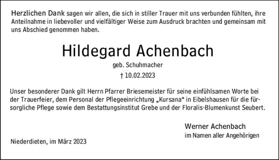 Traueranzeige von Hildegard Achenbach von Hinterländer Anzeiger