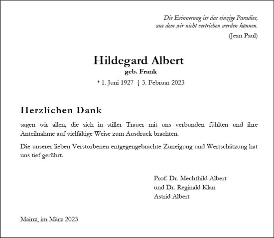 Traueranzeige von Hildegard Albert von Allgemeine Zeitung Mainz