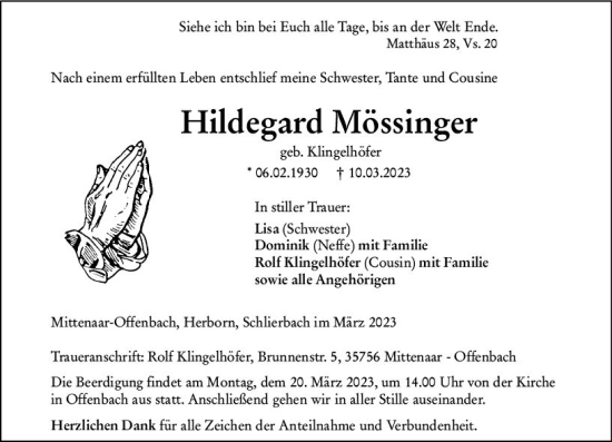 Traueranzeige von Hildegard Mössinger von Dill Block