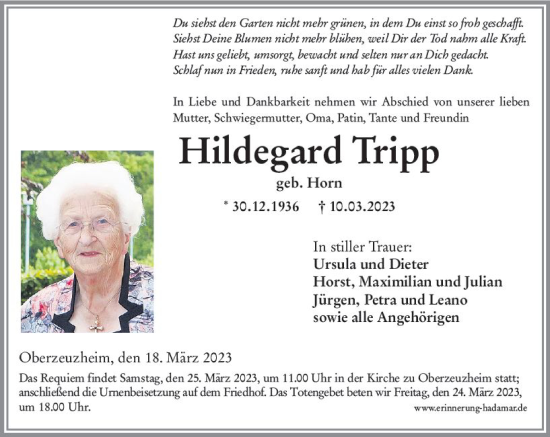 Traueranzeige von Hildegard Tripp von Nassauische Neue Presse