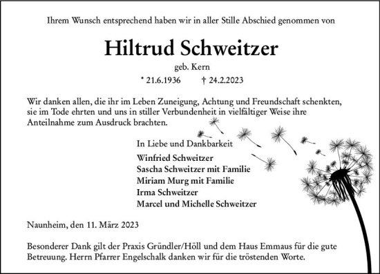 Traueranzeige von Hiltrud Schweitzer von Wetzlarer Neue Zeitung