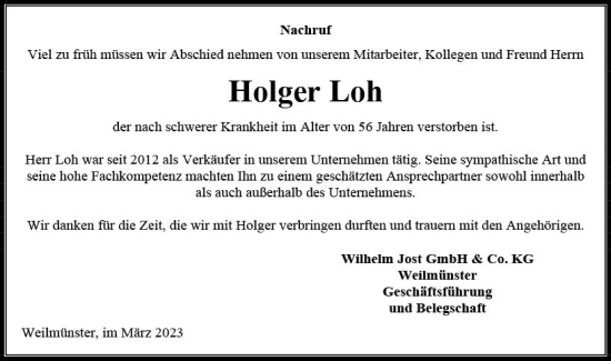 Traueranzeige von Holger Loh von Weilburger Tageblatt