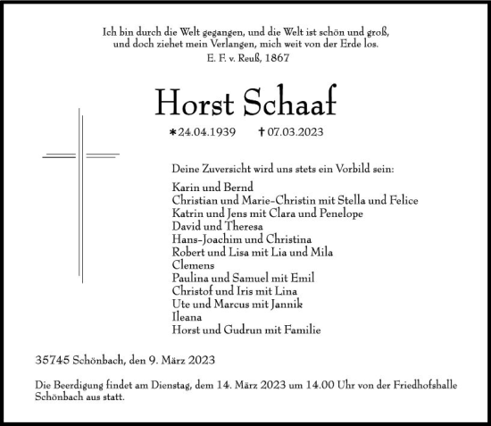 Traueranzeige von Horst Schaaf von Dill Block