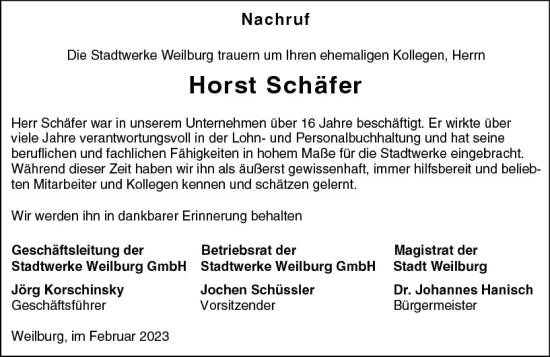 Traueranzeige von Horst Schäfer von Weilburger Tageblatt