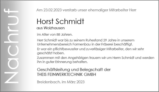 Traueranzeige von Horst Schmidt von Hinterländer Anzeiger