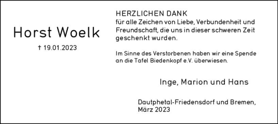 Traueranzeige von Horst Woelk von Hinterländer Anzeiger