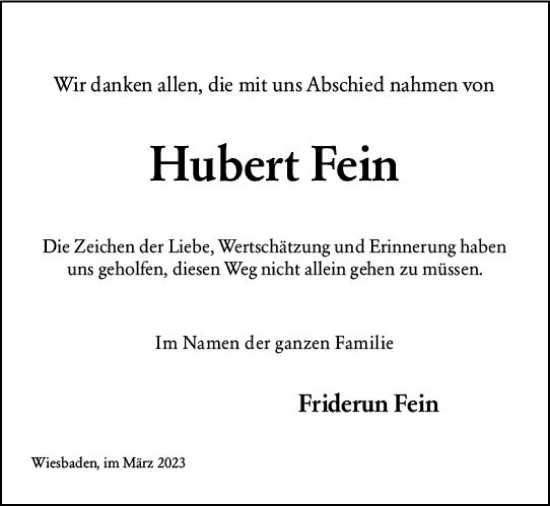 Traueranzeige von Hubert Fein von Wiesbadener Kurier