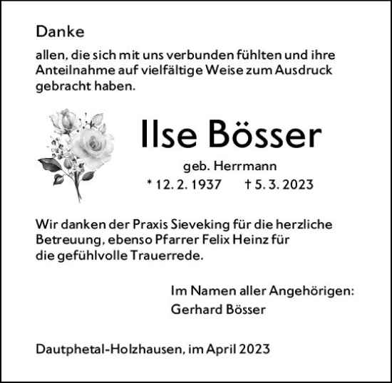 Traueranzeige von Ilse Bösser von Hinterländer Anzeiger
