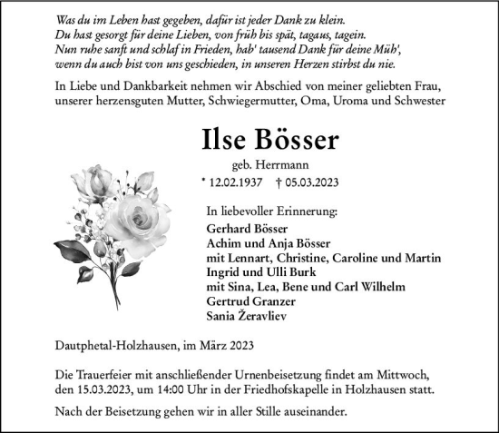Traueranzeige von Ilse Bösser von Hinterländer Anzeiger