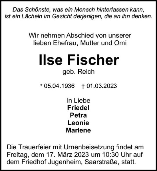Traueranzeige von Ilse Fischer von Darmstädter Echo