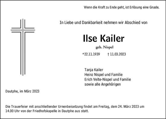 Traueranzeige von Ilse Kailer von Hinterländer Anzeiger