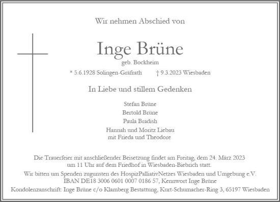Traueranzeige von Inge Brüne von Wiesbadener Kurier