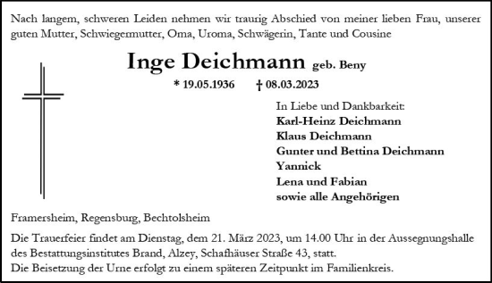 Traueranzeige von Inge Deichmann von Allgemeine Zeitung Alzey