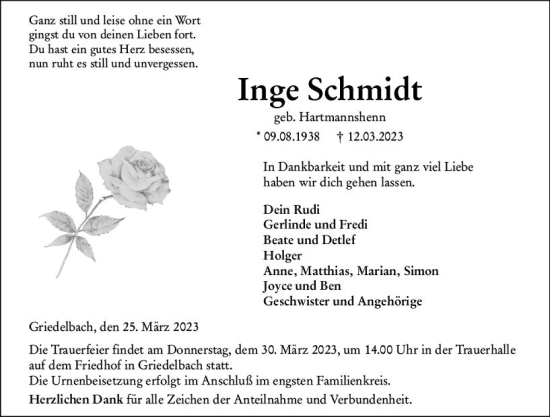 Traueranzeige von Inge Schmidt von Wetzlarer Neue Zeitung