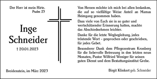 Traueranzeige von Inge Schneider von Hinterländer Anzeiger