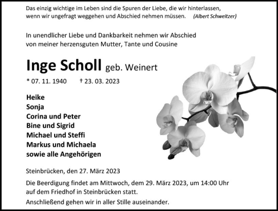 Traueranzeige von Inge Scholl von Dill Block
