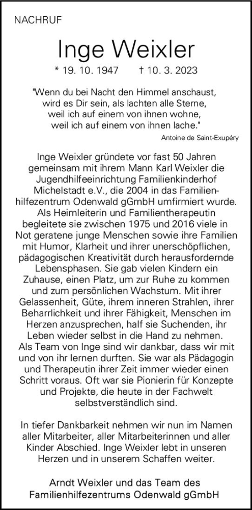 Traueranzeige von Inge Weixler von Odenwälder Echo