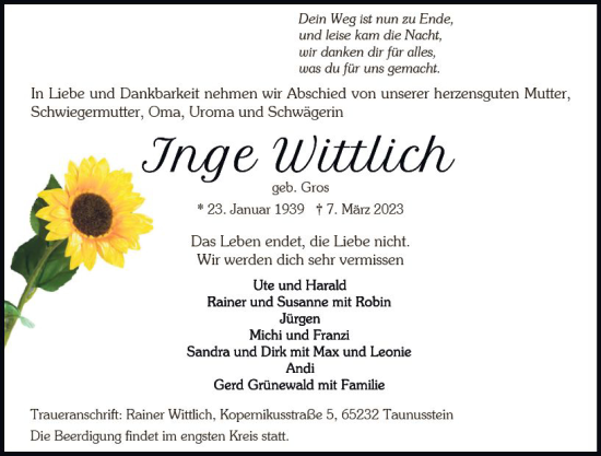 Traueranzeige von Inge Wittlich von Wiesbadener Kurier