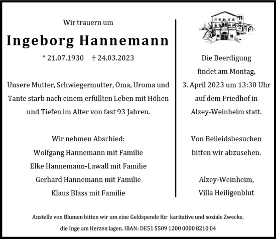 Traueranzeige von Ingeborg Hannemann von Allgemeine Zeitung Alzey