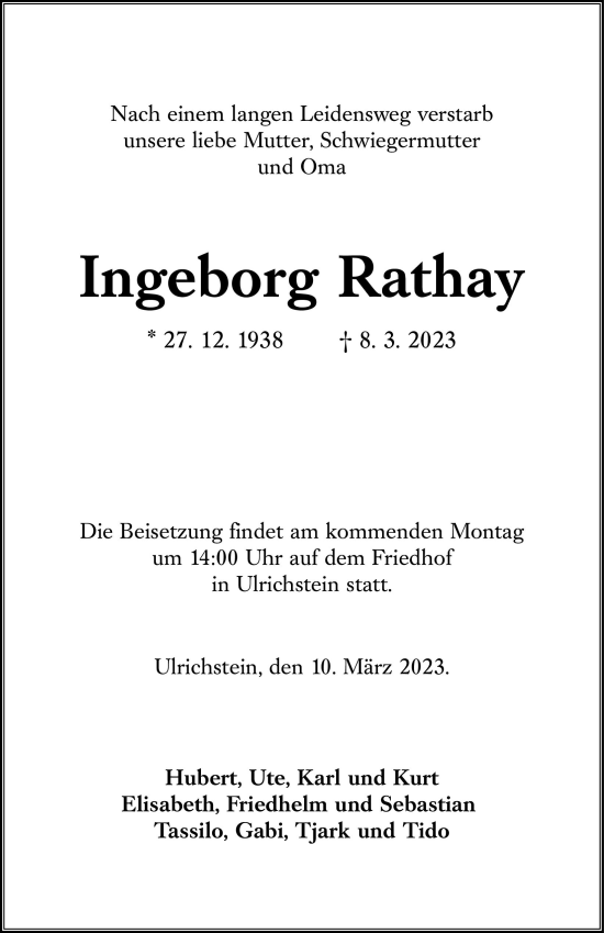 Traueranzeige von Ingeborg Rathay von VRM Trauer