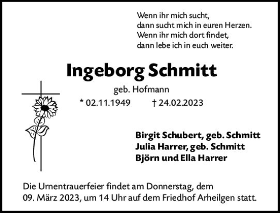 Traueranzeige von Ingeborg Schmitt von Darmstädter Echo