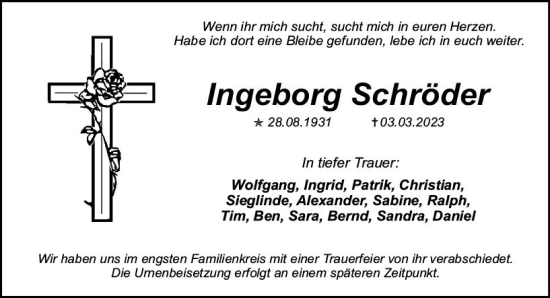 Traueranzeige von Ingeborg Schröder von Allgemeine Zeitung Mainz