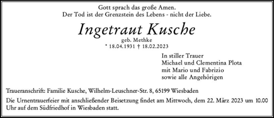 Traueranzeige von Ingetraut Kusche von Wiesbadener Kurier