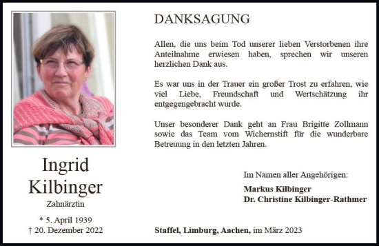 Traueranzeige von Ingrid Kilbinger von Nassauische Neue Presse