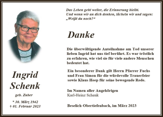 Traueranzeige von Ingrid Schenk von Nassauische Neue Presse