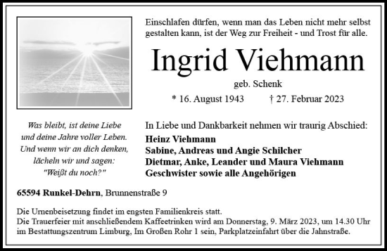 Traueranzeige von Ingrid Viehmann von Nassauische Neue Presse