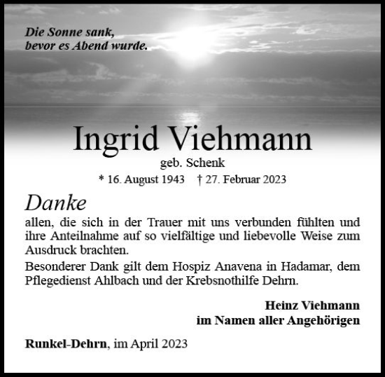Traueranzeige von Ingrid Viehmann von Nassauische Neue Presse