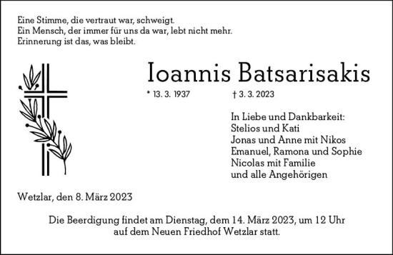 Traueranzeige von Ioannis Batsarisakis von Wetzlarer Neue Zeitung