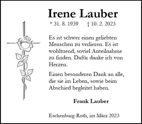 Traueranzeige von Irene Lauber von Dill Block