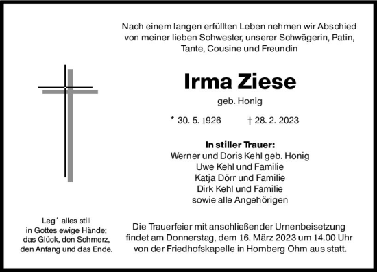 Traueranzeige von Irma Ziese von VRM Trauer
