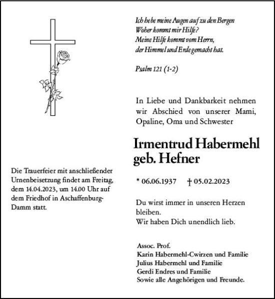 Traueranzeige von Irmentrud Habermehl von Darmstädter Echo