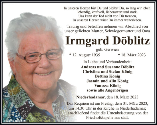 Traueranzeige von Irmgard Döblitz von Nassauische Neue Presse