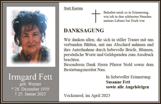 Traueranzeige von Irmgard Fett von Oberhessen Kurier
