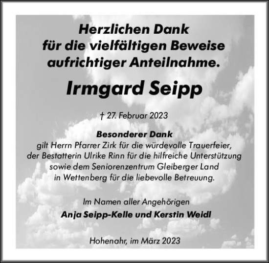 Traueranzeige von Irmgard Seipp von Wetzlarer Neue Zeitung