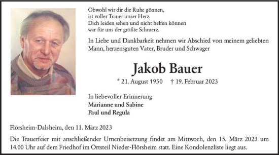 Traueranzeige von Jakob Bauer von Wormser Zeitung