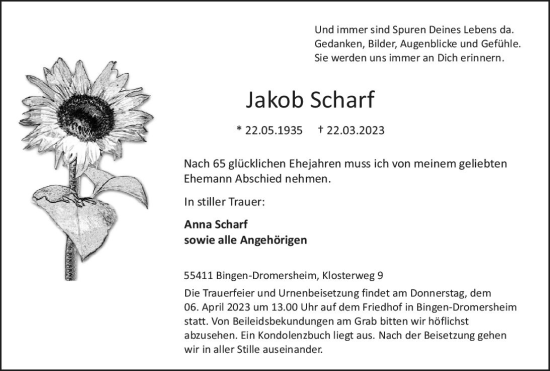 Traueranzeige von Jakob Scharf von Bingen/Ingelheim WOBL inkl. Neue Binger Ztg.