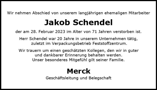 Traueranzeige von Jakob Schendel von Darmstädter Echo