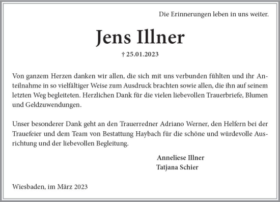 Traueranzeige von Jens Illner von Wiesbadener Kurier