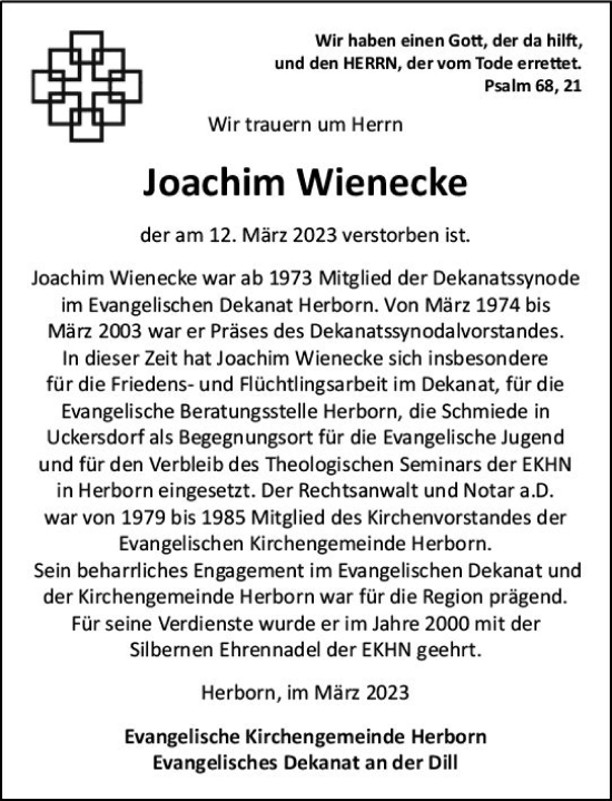 Traueranzeige von Joachim Wienecke von Dill Block