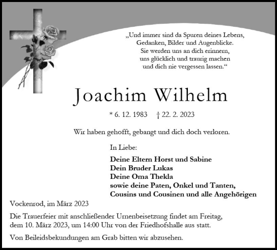 Traueranzeige von Joachim Wilhelm von VRM Trauer