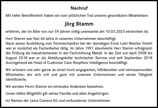 Traueranzeige von Jörg Stamm von Wetzlarer Neue Zeitung