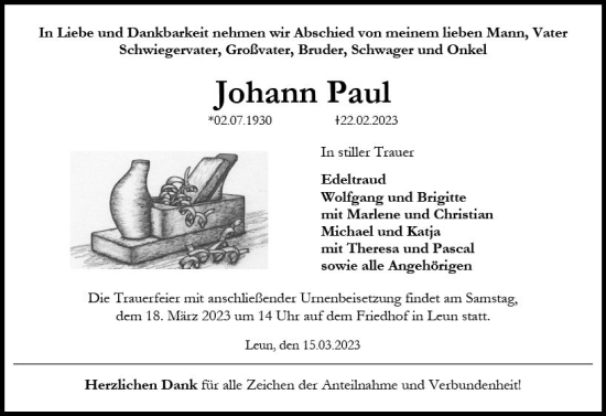 Traueranzeige von Johann Paul von Wetzlarer Neue Zeitung