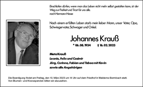 Traueranzeige von Johannes Krauß von Wiesbadener Kurier