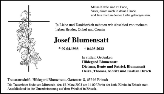 Traueranzeige von Josef Blumensatt von Rheingau Kurier