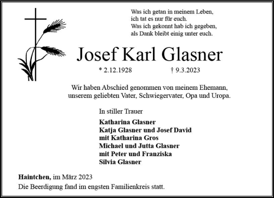 Traueranzeige von Josef Karl Glasner von Camberger Anzeiger