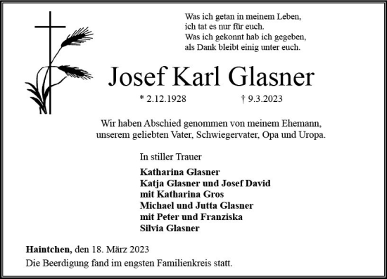 Traueranzeige von Josef Karl Glasner von Nassauische Neue Presse